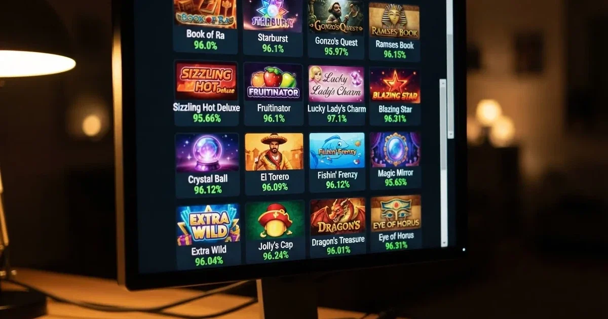 Nahaufnahme eines Bildschirms mit einer Liste verschiedener Spielautomaten und ihrer Auszahlungsquoten.
