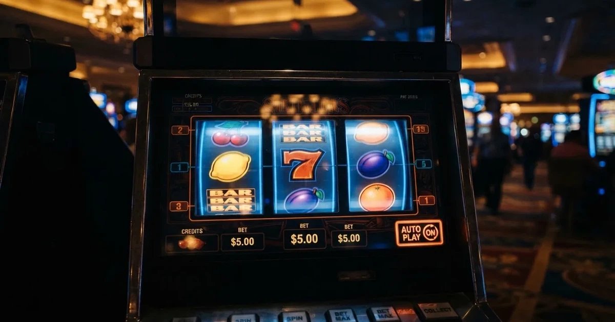 Nahaufnahme eines Spielautomaten-Bildschirms mit aktivierter Autoplay-Schaltfläche, ohne erkennbare Markenzeichen.