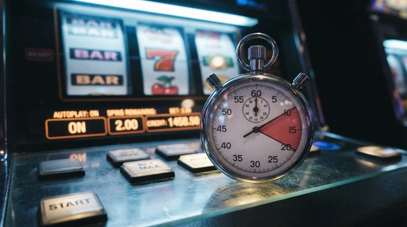 Symbolbild einer Stoppuhr neben einem Spielautomaten-Bildschirm, das ein Zeitintervall andeutet.